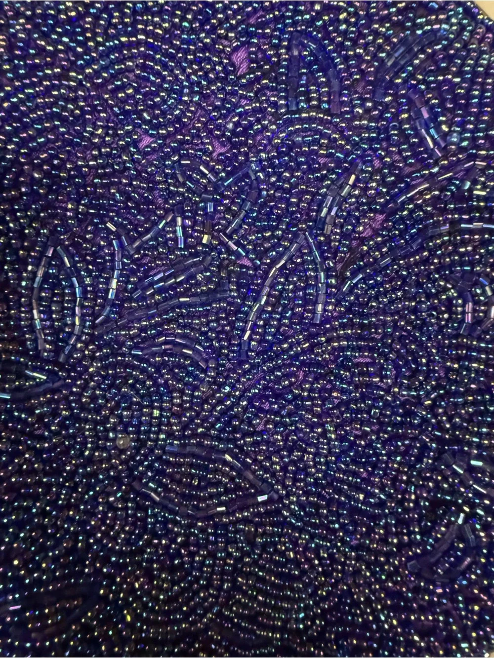 Vintage 80s Beaded Round Evening Clutch - Iridescent Blueish Purple approx 7”